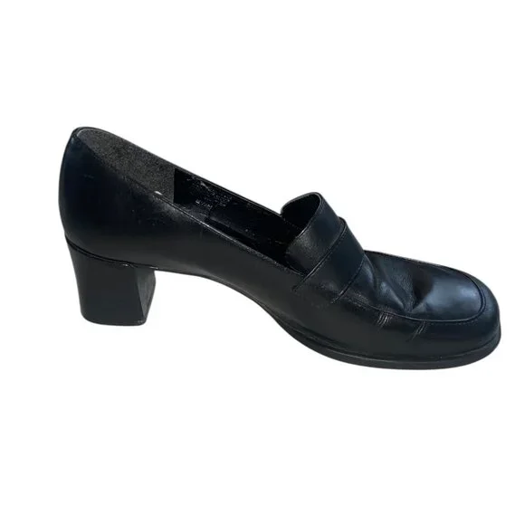 Vintage 90s Bandolino Black Leather Block Heel Wide Square Toe Loafers 8.5 - Picture 6 of 11